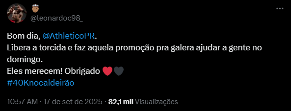 Leozinho chama torcida para jogo do Athletico-PR (Imagem: Redes sociais)